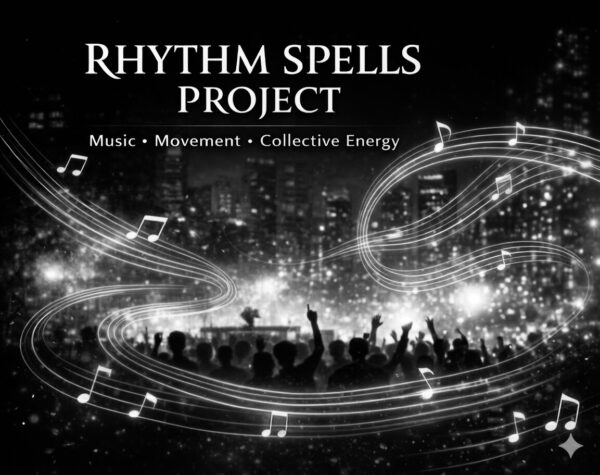 ythm Spells Project visual showing music waves and a crowd in an urban night setting representing music, movement and collective energy.